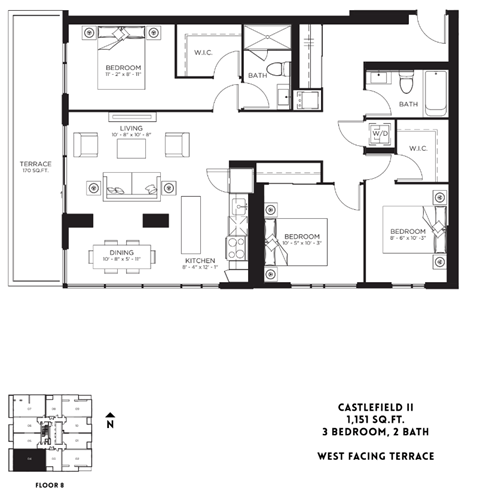 Floor plan for 3 beds, 2 baths, 1151 sqft
